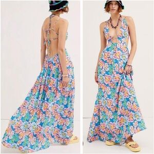 NEW! For Love & Lemons Yasmin Floral Maxi Dress Blue Pink Cut Out Size M